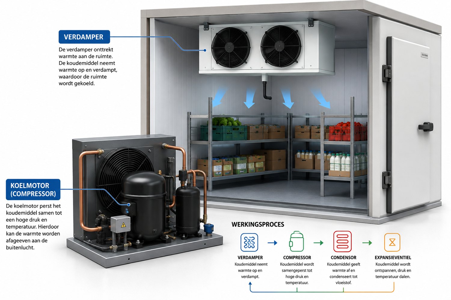 Doorsnede van een koelcel met verdamper, koelmotor en het werkingsproces van verdamper naar compressor, condensor en expansieventiel